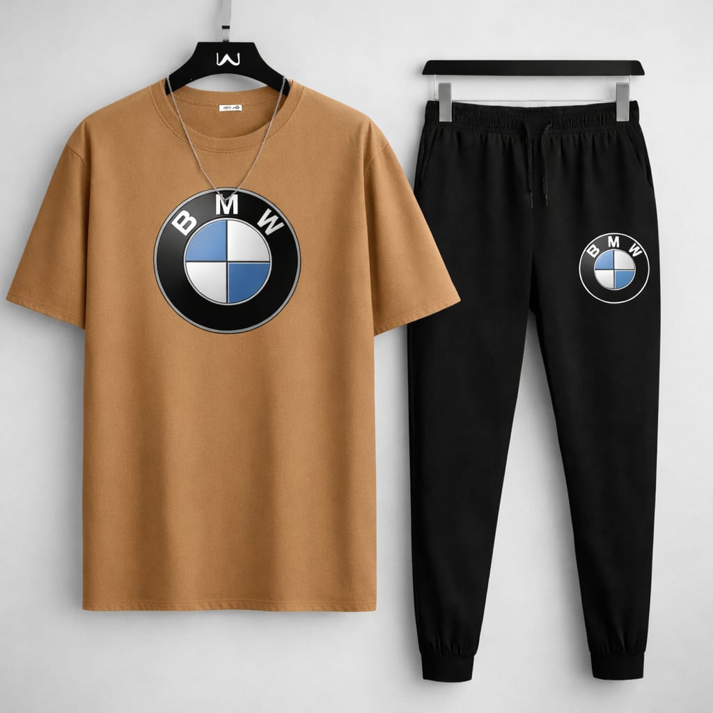 🚗 BMW 2PCS Summer Tracksuit for Boys & Teens | Camel Brown T-Shirt + Black Trouser | Premium Casual Wear
