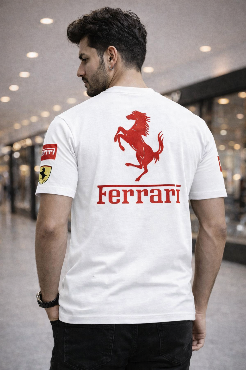 Ferrari Racing Drop Shoulder T-Shirt For Men Summer Cotton Fabric Streetwear Style White and Black Color