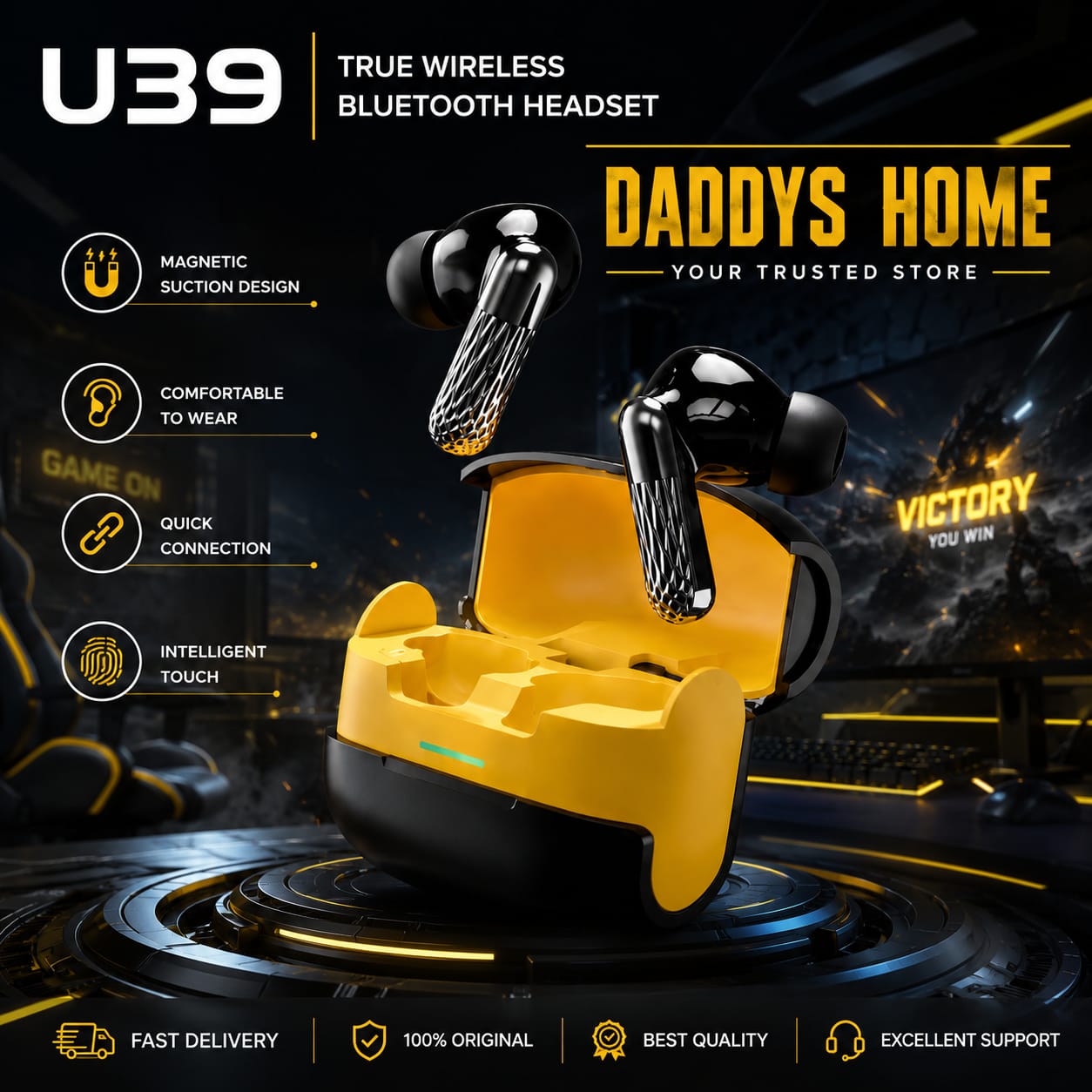 U39 Wireless Bluetooth 5.3 TWS Gaming Earbuds_Low Latency Gaming Mode_ENC Noise Cancelling_Heavy Deep Bass With  HD Sound_USB-C Charging Case_Touch Control_Comfortable Fit_Long Backup