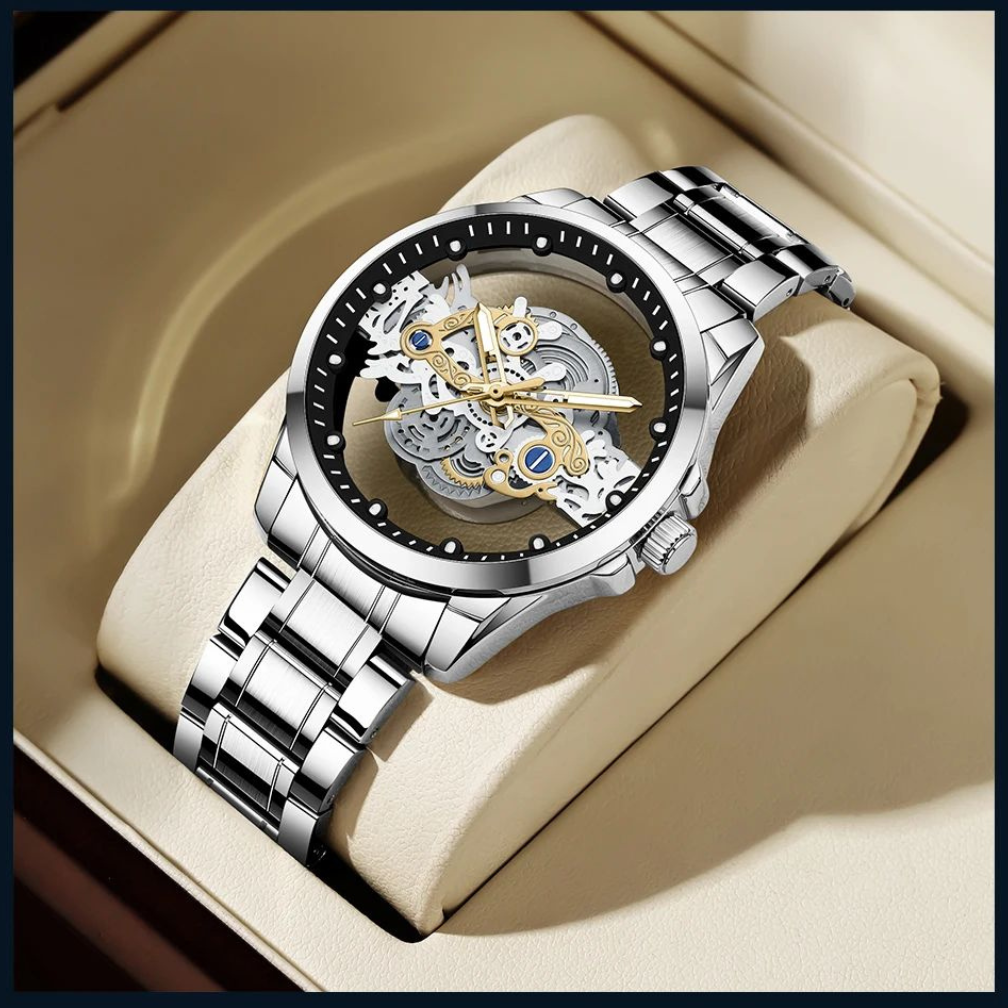 Luxury Silver Mechanical Skeleton Wristwatch for Men - Stainless Steel Automatic Watch for Boys - New Fashion Stylish Watch for Gents