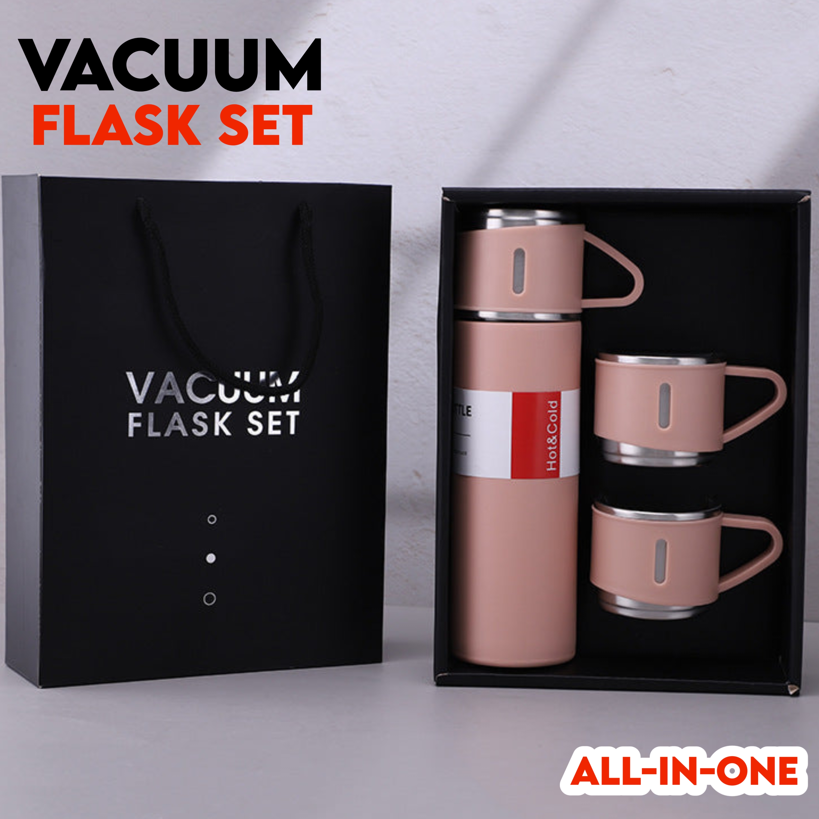 Vacuum Flask Set -  Water Bottle - Thermos - Traveling Bottle And Cup Set 500ml - For Coffee, Tea, Hot And Cold Drink - Travel Friendly Combo With 3 Steel Cups And Bottle - Thermal Sport Bottle - Mug Set - Gift Box Set - Portable Cup Set.