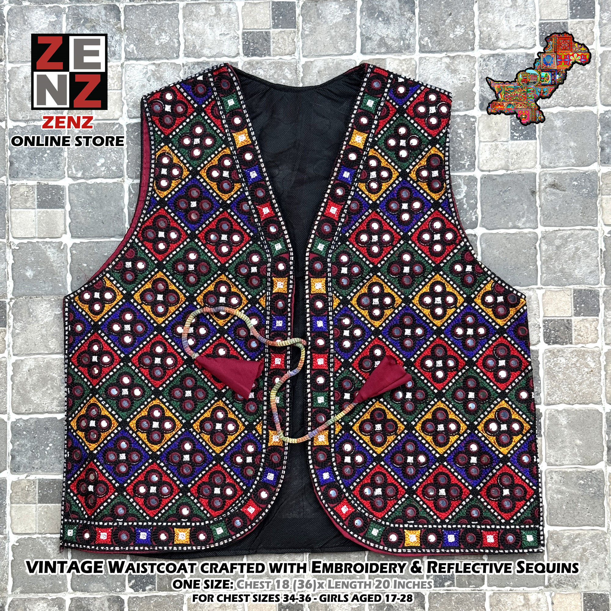 Pakistani Sindhi Balochi Kashmiri Traditional & Cultural Wear Waistcoat Koti Embroidered Zenz Multicoloured Embroidery for Girls & Women