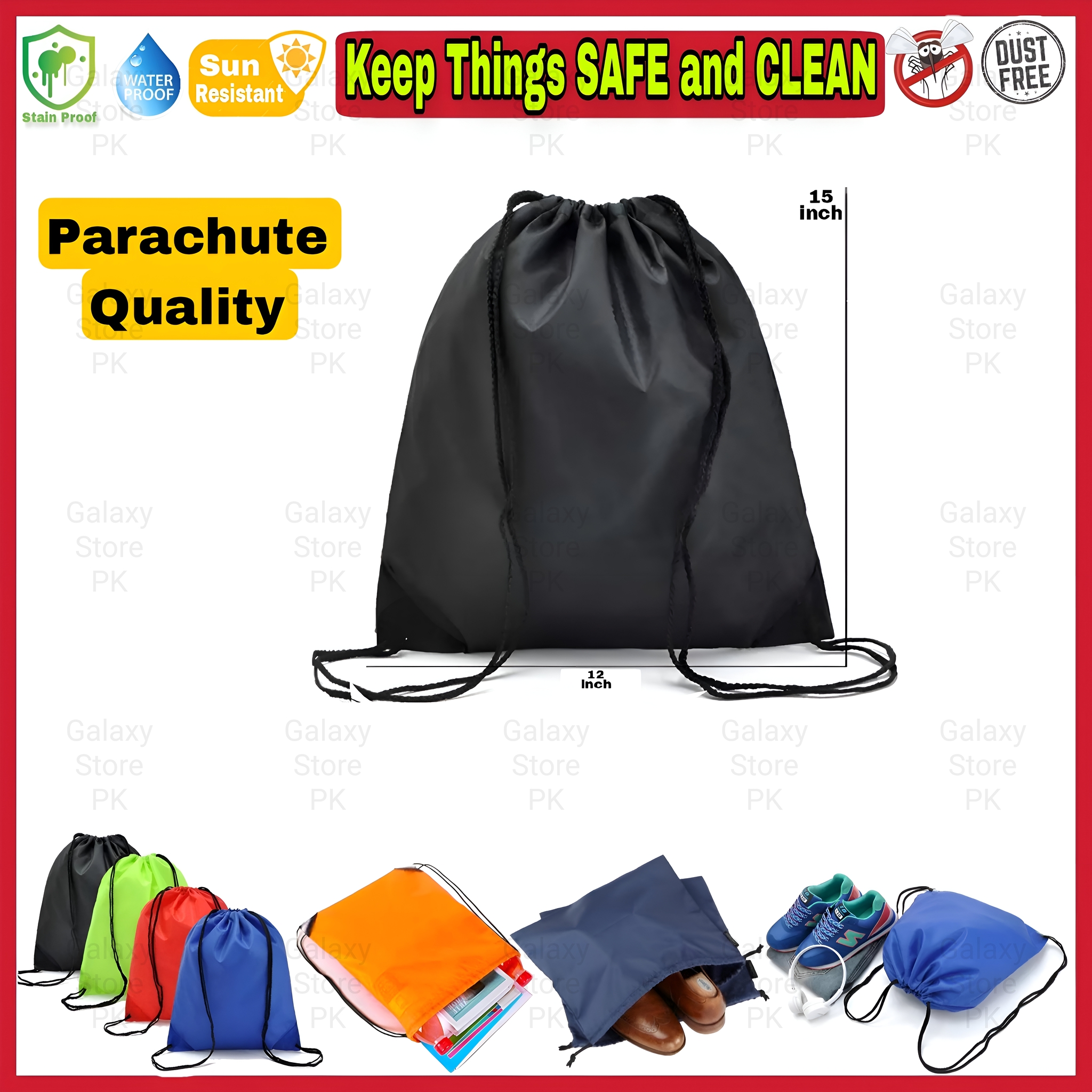 Multipurpose Bag - Gym Bag Shoes Cover Football Shoes Bag Tuition Bag For Boys and Girls Shoes Cover - Parachute Quality - Long Life Waterproof Dust Proof Quality - Travel Backpack Drawstring Bag Dori Bag