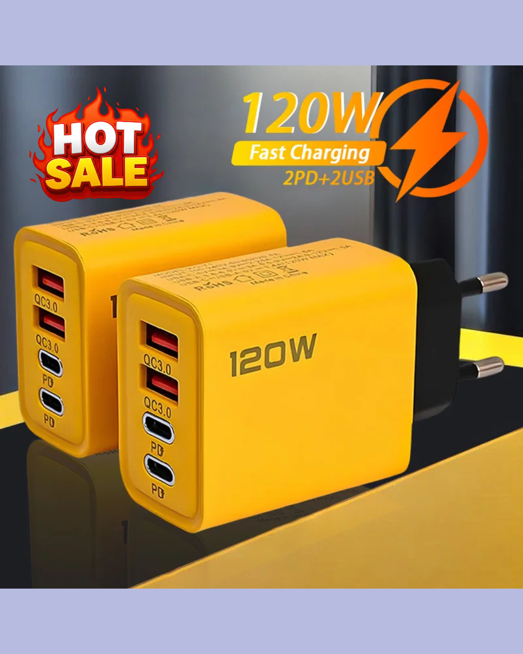 Ultra-Fast Dual PD + 2 USB Ports Power Adapter – Charge 2 Devices Simultaneously”