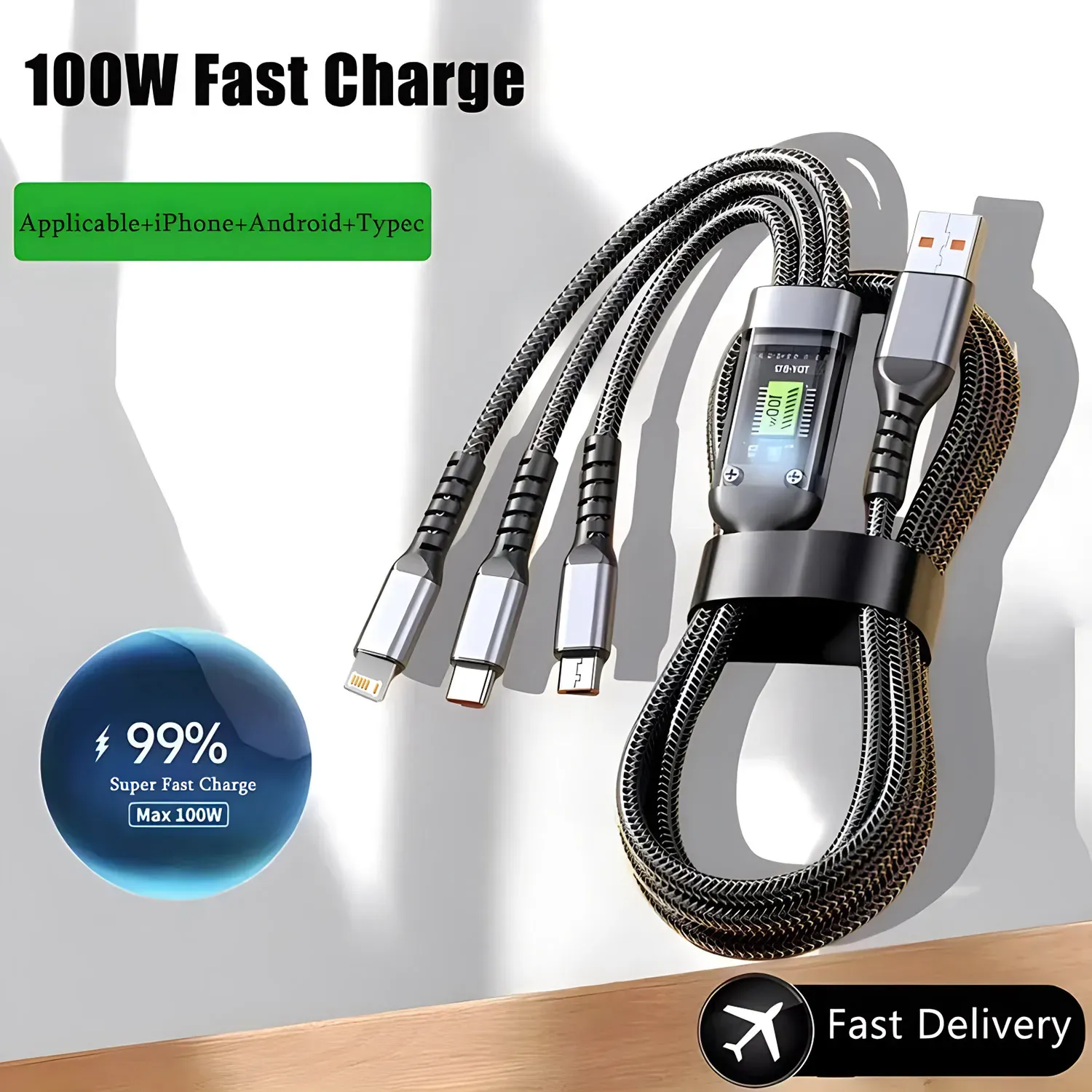 Multi-function Charging Cable 1.2M Charging Cable Nylon Braided Fast Charging Universal 3-in-1 Charging Cable Adapter For IP/Type-C/Micro-USB Ports, Compatible With Mobile Phones, Tablets