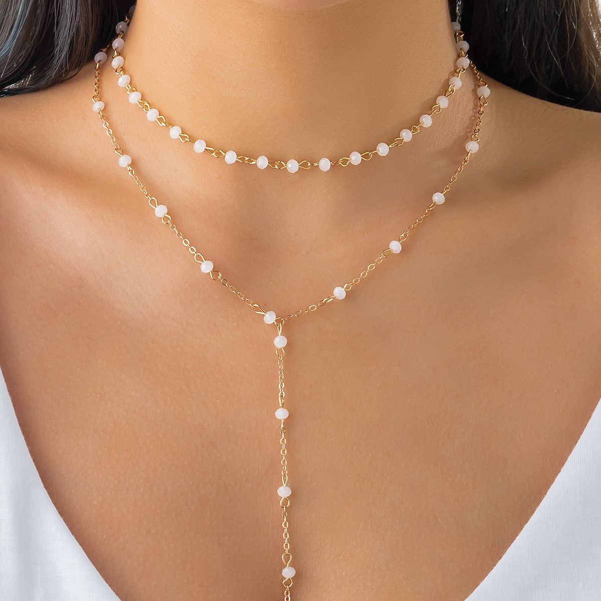 gold layered beaded necklace for women long chain pearl style drop dainty minimalist fashion jewelry gift for her | girls ladies party wear elegant boho chic trending statement necklace stylish everyday accessory for women & girls