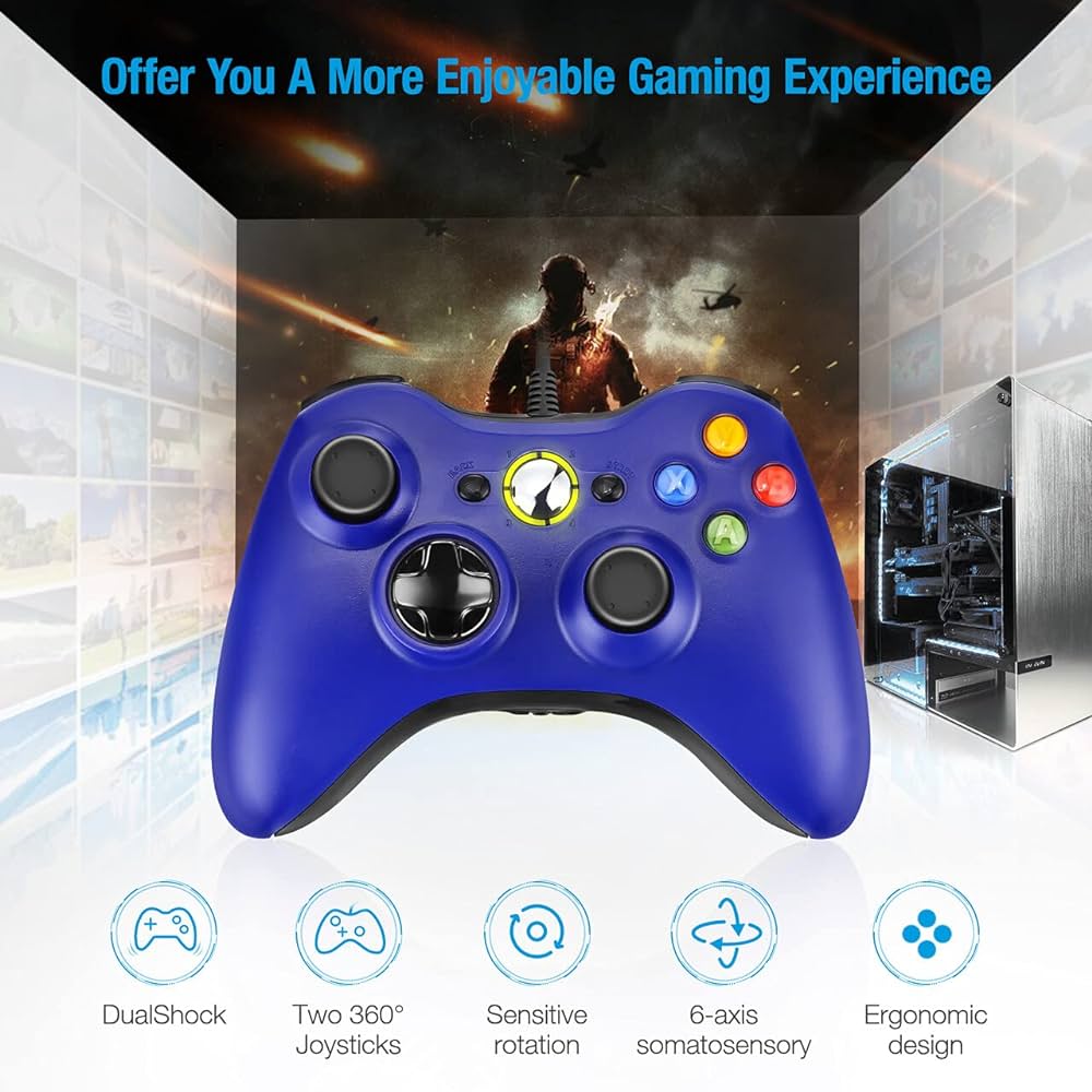 Xbox 360 Controller for Windows & Xbox 360 Console Wired USB Joystick Support PC Laptop [BLUE]