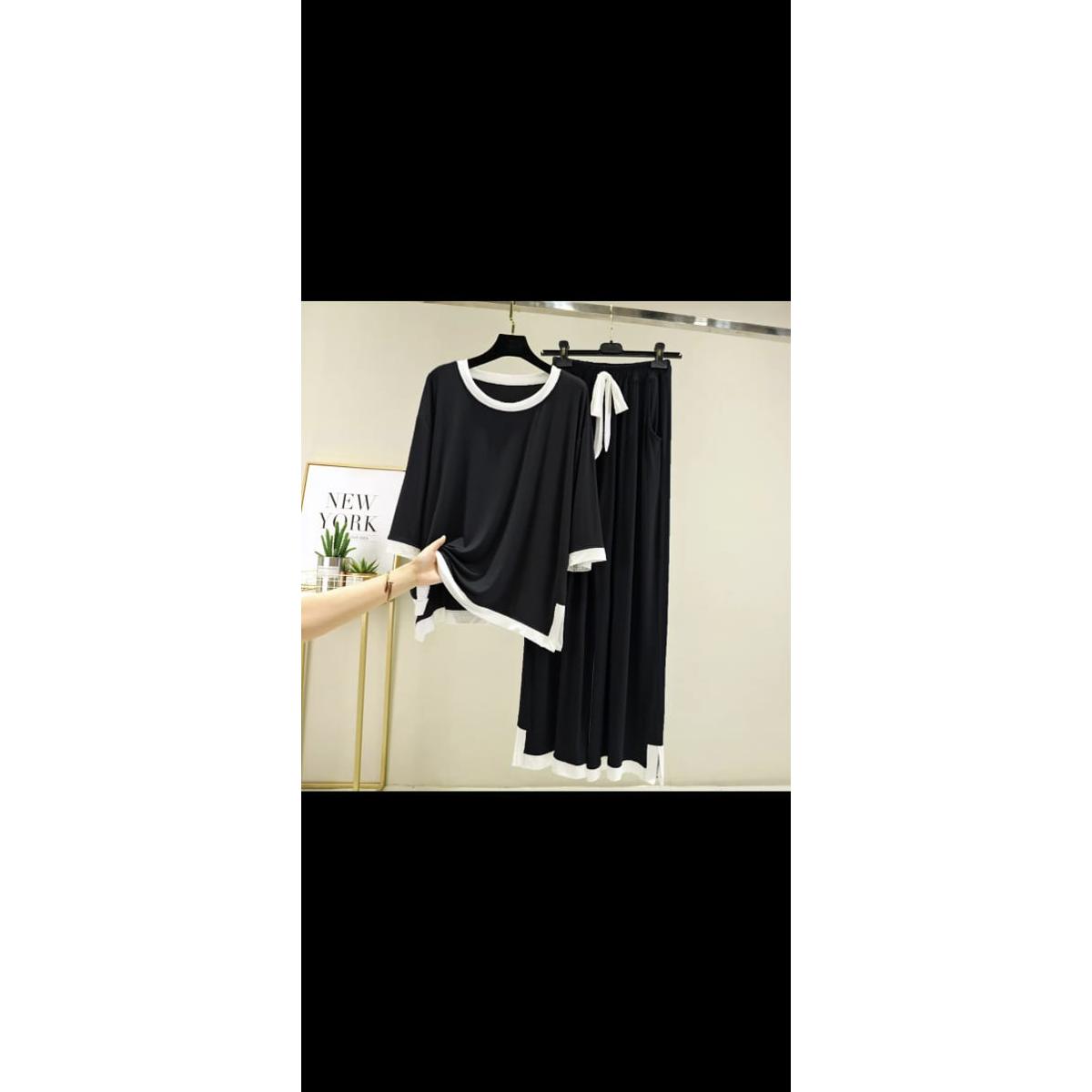 Black Round Neck With Flapper Style Night Suit For Women