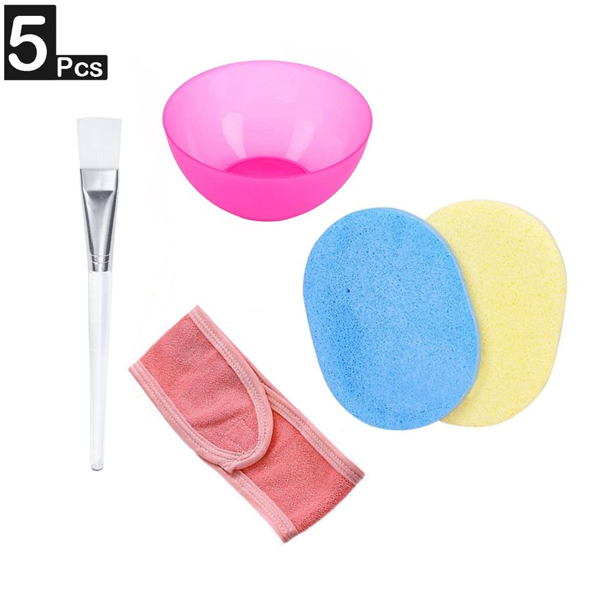 5 Pcs Facial Bowl Set 1 Mask Mixing Bowl 1 Bleach Brush 2 Sponge 1 Towelling Headband Hairband Hair Wrap Toweling Head Band Facial Cleansing and Makeup Remover Face Wash Cleaning Pad Puff With Skin Care Kit Brushes Girls Women Ladies Beauty Tools