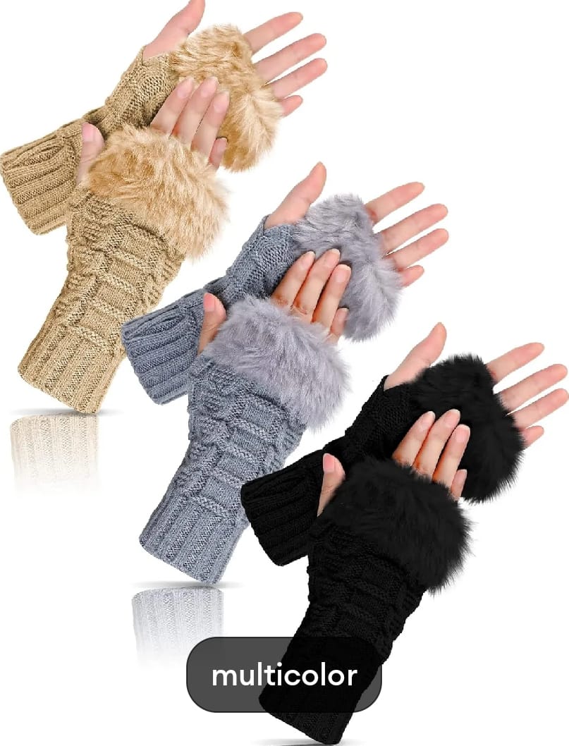 Fashion Women Faux Rabbit Fur Knitted Fingerless Gloves | Hand Wrist Warmer Half Finger Mittens for Winter"