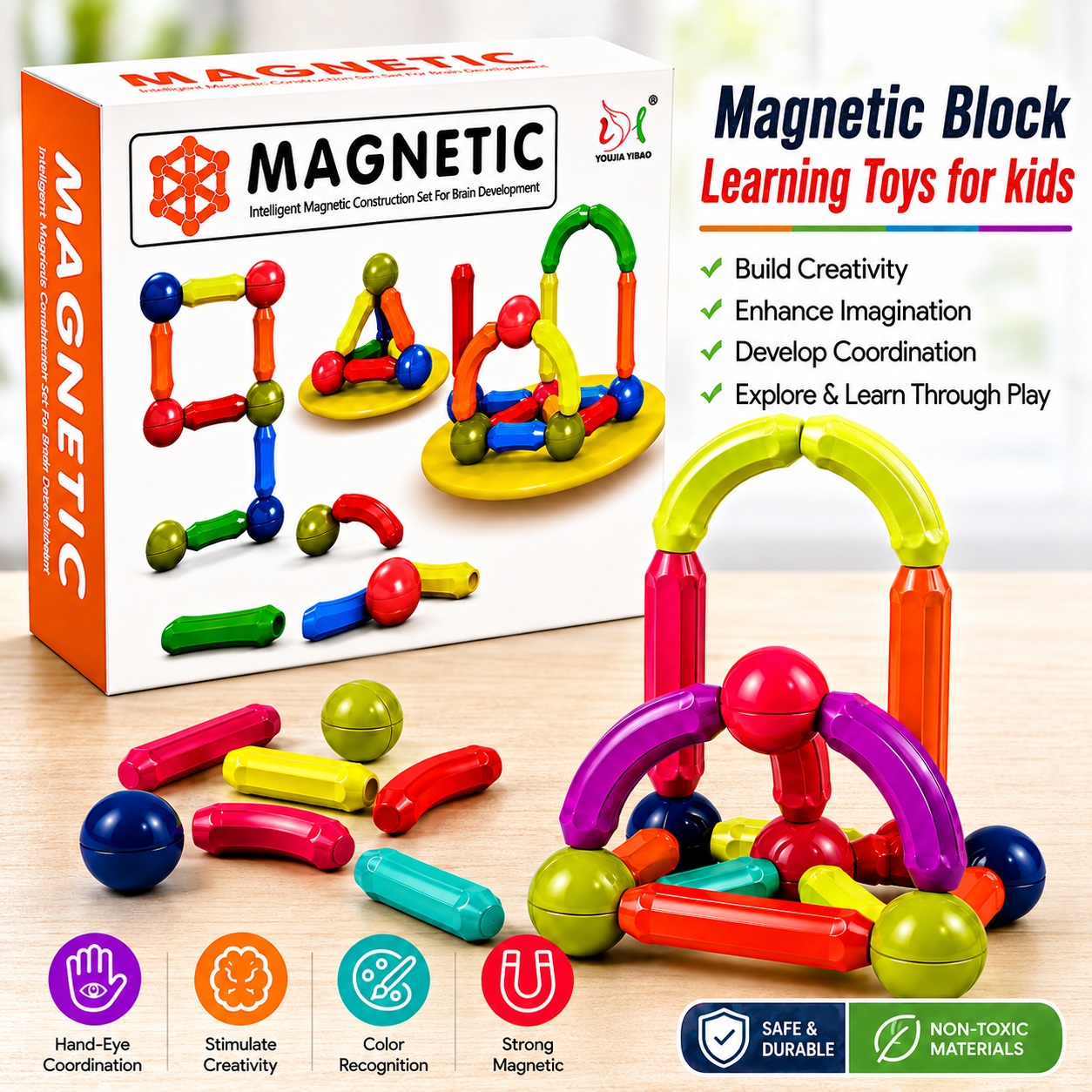 64 Pieces Magnetic Toys Building Blocks  Magnetic Blocks  Toddler STEM Sticks Toy  Learning Educational Block Games Stacking Toys Magnet Blocks