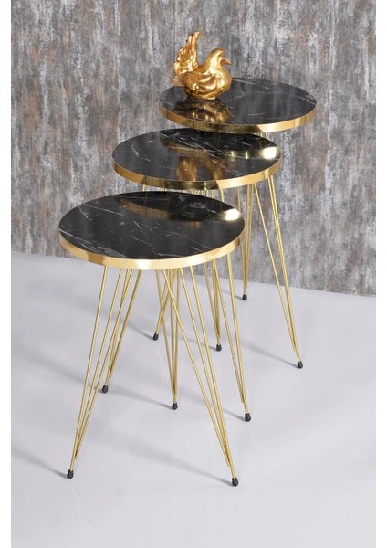 YES TO DECOR 4 PCS, Rectangular Coffee Table Set of 3 Modern Round Nesting Coffee Black Marble Table Set (Set of 4) Top Metal Legs 3 Table Set – Black Goldy Nesting nique Shapes, Luxury Geometric Design, Glossy Finish, Durable Living Room Furniture