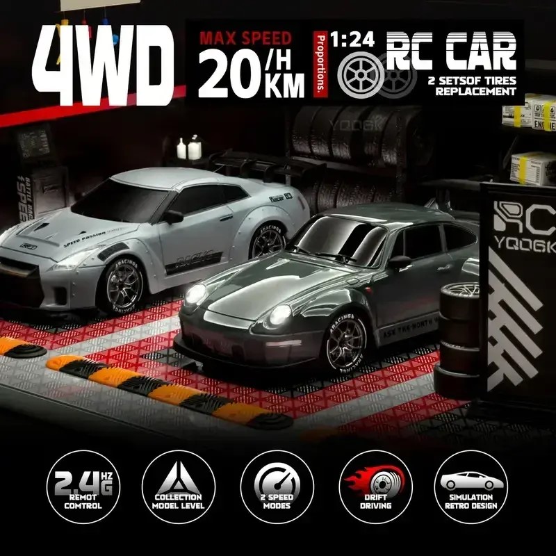 KIDDO KASTLE -  Remote Control Speed Racing 1:24 RC Nissan GTR Drift Car | 2.4GHz 4WD 20KM/H High-Speed Remote Control Racing Car with LED Lights, Music, USB Rechargeable Battery & Replaceable Drift Tires Competition Race Car Toy For Kids | Assorted COLOR