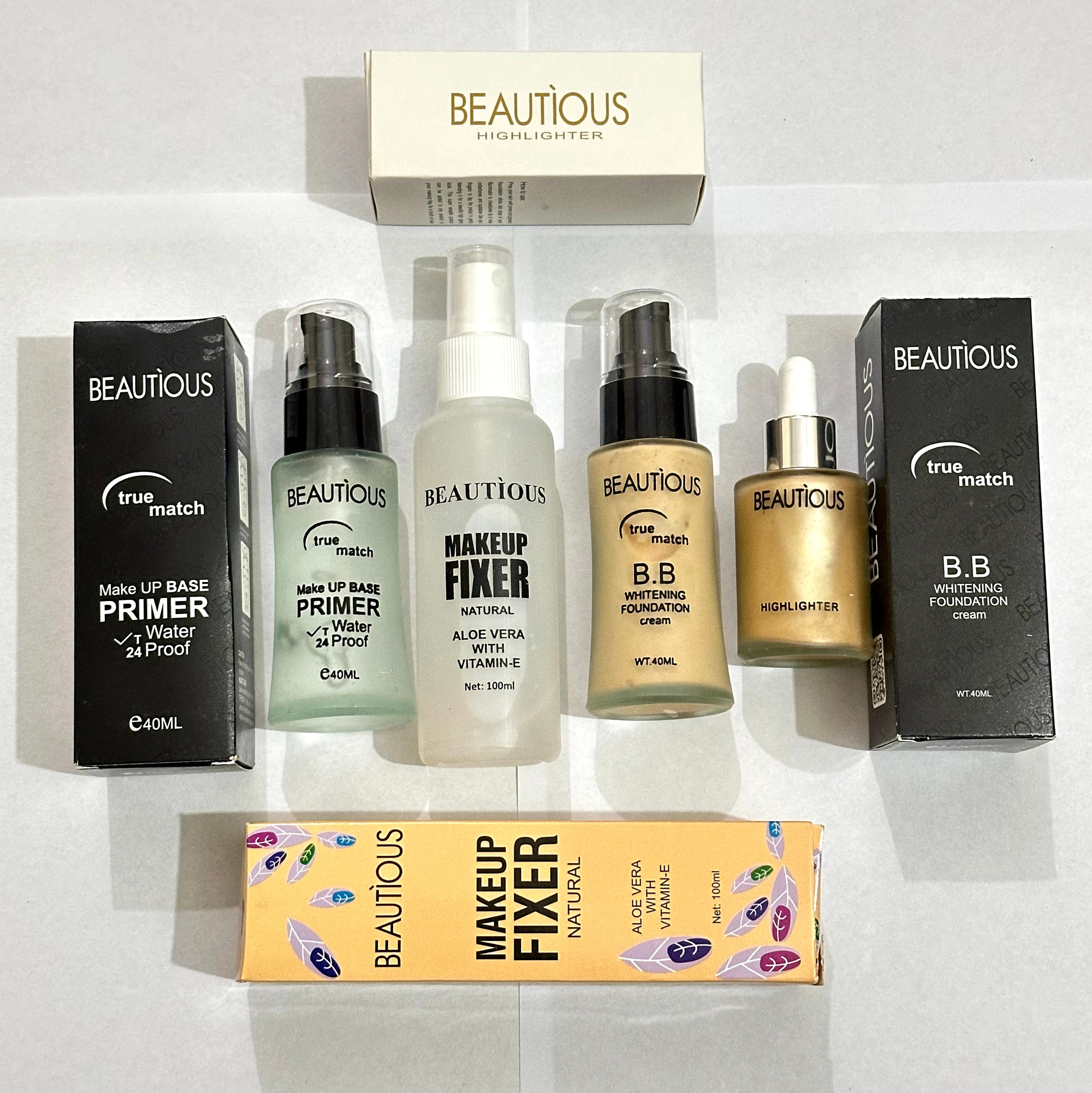 Beautious Deal of 04 Foundation + Liquid Highlighter + Primer Pump + fixer