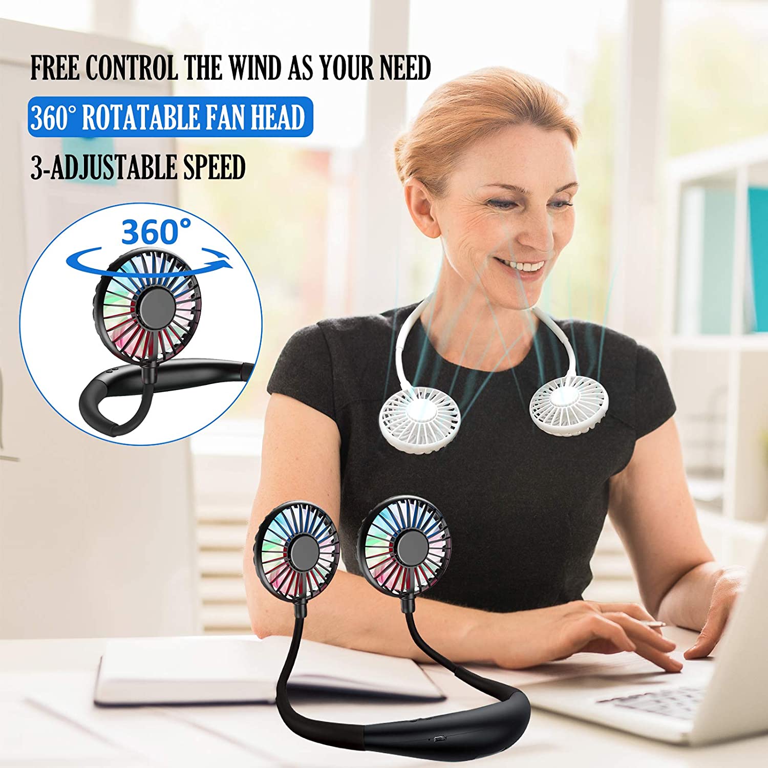 Neck Fan for Kitchen Folding Handheld Fan Wearable Portab Portable Hanging Neck Fan, Handsfree Personal USB Small Neck Fan with 2000mAh Battery/8-Hr Working Time/360° Bendable Head/Low Noise Mini Fan Neck for Sports Runnle Neckband Mini Fan USB Chargeable