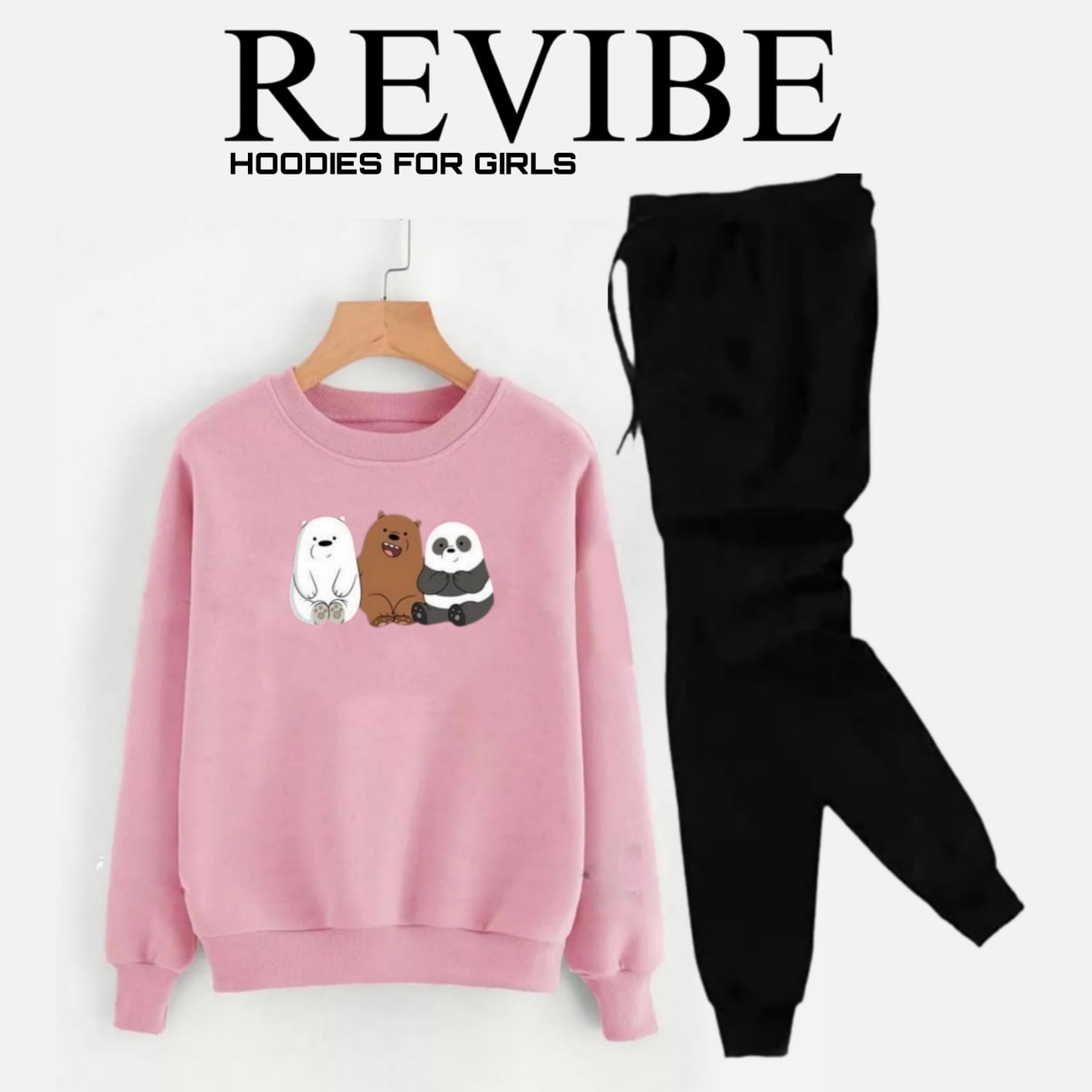 REVIBE - Pink 3 Bear Printed Tracksuit For Girls - Sweatshirts For Women - Hoodies For Girls