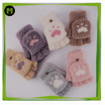 Women Lovely Winter Fingerless Cat Paw Thick Warm Gloves | Fashion Fingerless Sports Gloves For Outdoor Cycling, Motorcycle, Running | Fluffy Plush Fingerless Convertible Gloves | Women Soft Winter Warm Half Finger Gloves | Girls Warm Mittens For Winters