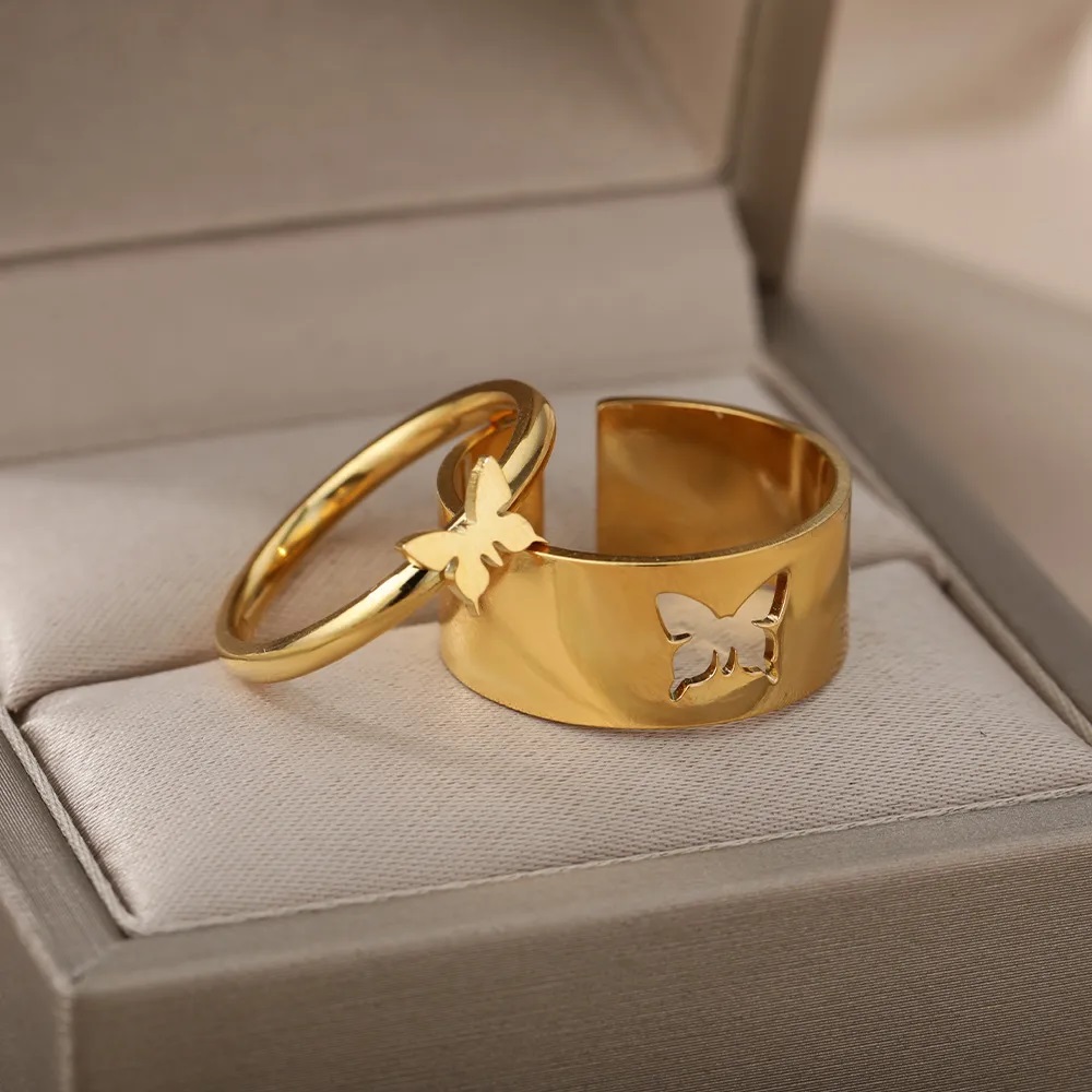 Trendy Butterfly Rings for Men & Women - Lover Pack of 2 Open Adjustable Rings for Couples - Couples Ring