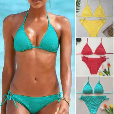 Beautiful Women Mesh Halter Bra Briefs Bikini Set Summer Solid Color Beach  Swimsuit