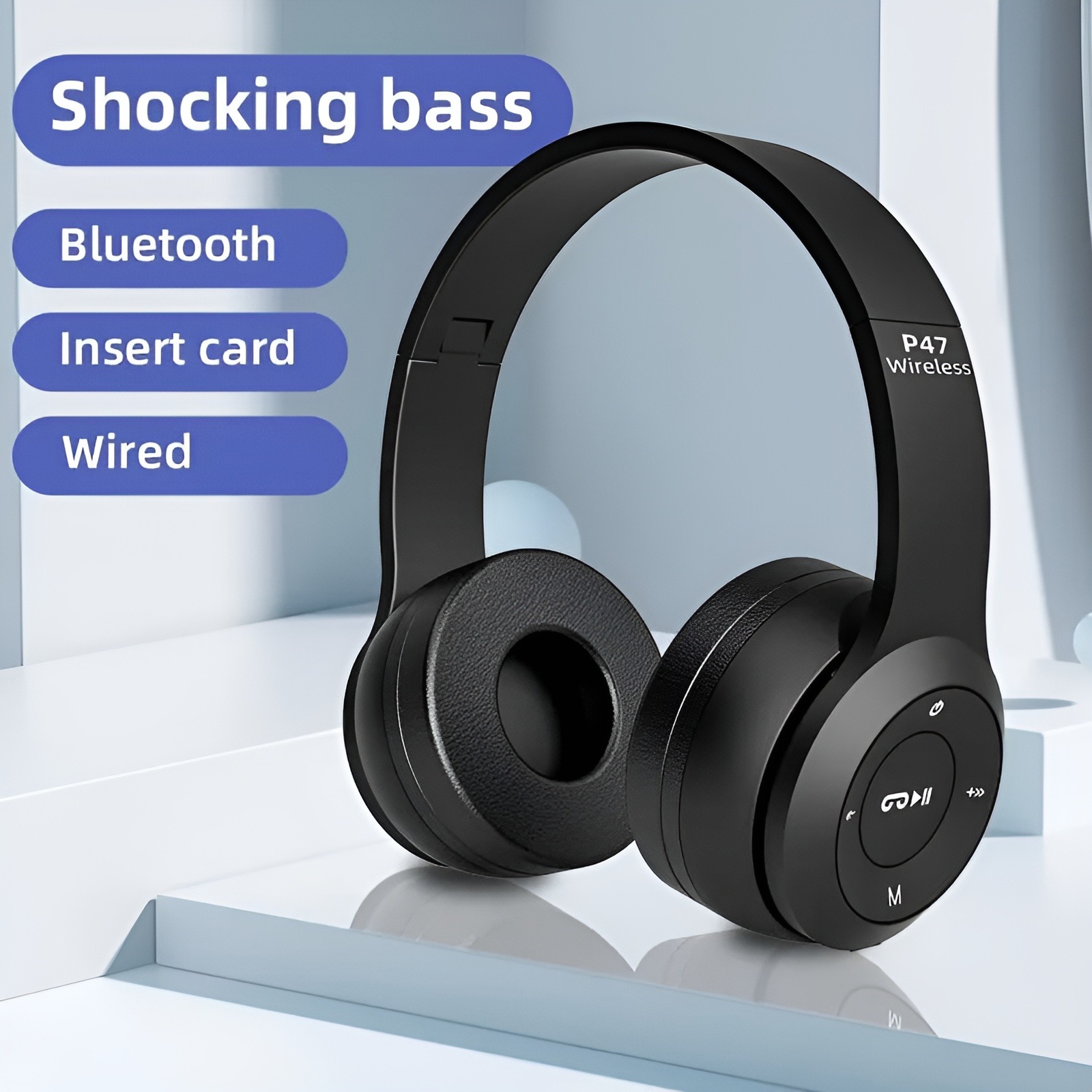 P47 Wireless Bluetooth Headphones with Built-in Mic - Foldable, Noise Cancellation, Compatible with Android Devices and PC
