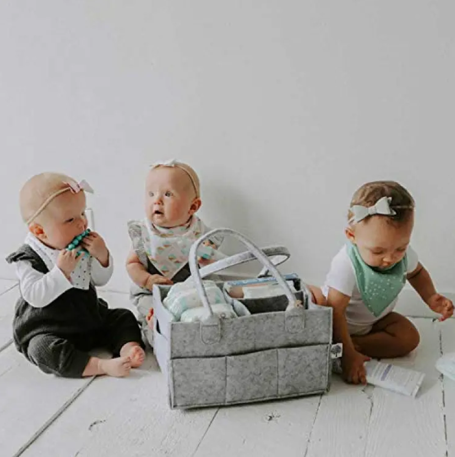 Baby Diaper Caddy Organizer, Foldable Felt Storage Bag with Multi Pockets and Flexible Compartments, Portable Car Travel Organizer for Changing Nappy, Wipes, Newborn Shower Gift