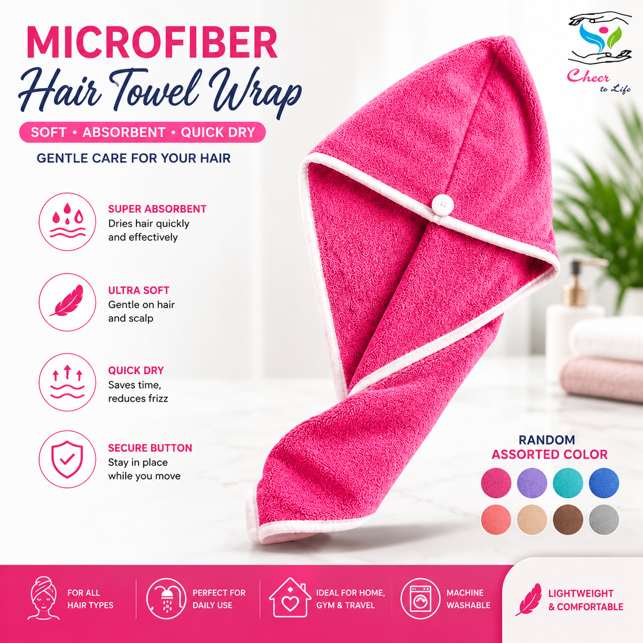 Cheer Quick Dry Hair Towel Wrap for Women – Super Absorbent Bath Hair Drying Towel Turban with Button Closure, Fast Dry Shower Cap for Curly, Long & Thick Hair
