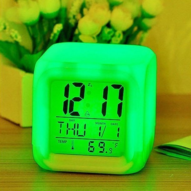 Digital Table Alarm Clock 7 Lights Color Changing Big Size All In One Alarm Time Temperature & Calendar Digital Display Battery Operated Glowing LED Table Alarm Clock