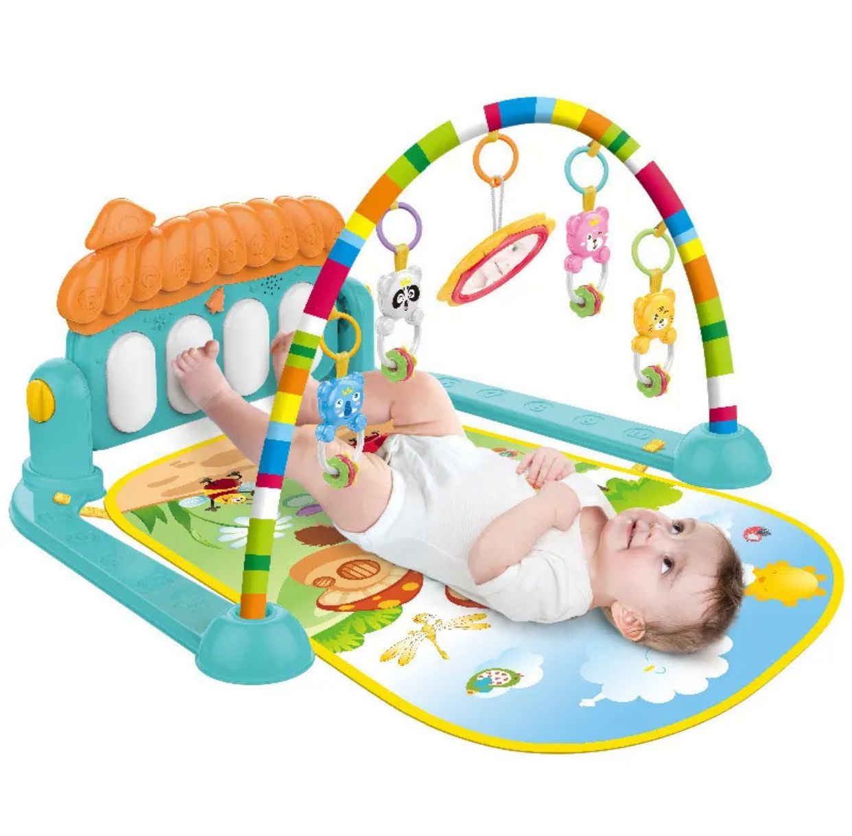Huanger 3 In 1 Newborn Baby Toddler Activity Play Gym Piano Fitness Rack Play Mat, Baby Play Mat with Hanging Rattles For kids baby / Indoor Games Baby / Baby Play gym Mat Newborn Play Gym Piano Fitness Rack Mat Play Gym For Newborn Babies