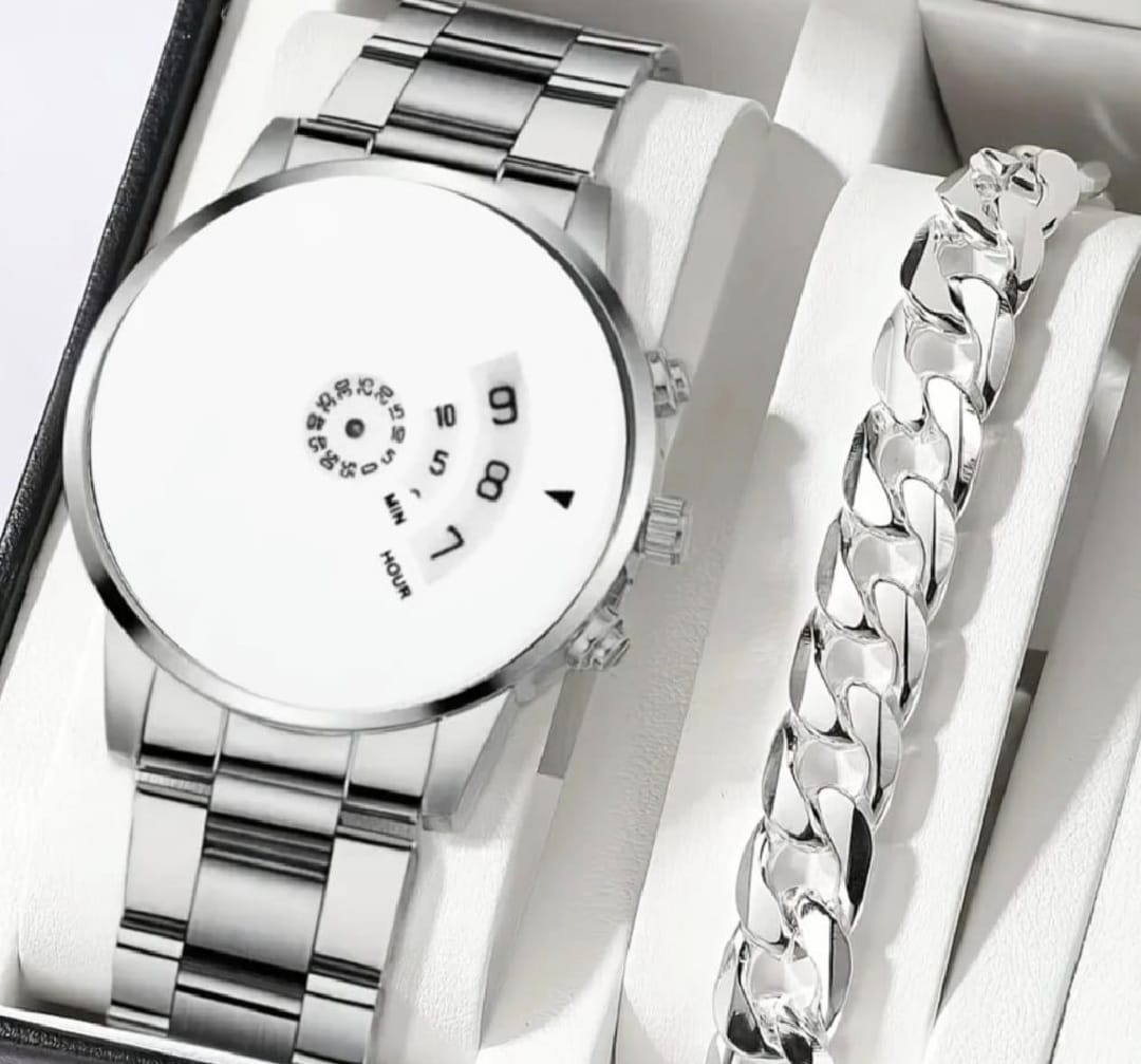 Latest Design 2025 White Watches + Bracelet + With Chain+Ring -High Quality In Random Dial watch Design With Stainless Steel Strap + Bracelet Chain For Boys Men