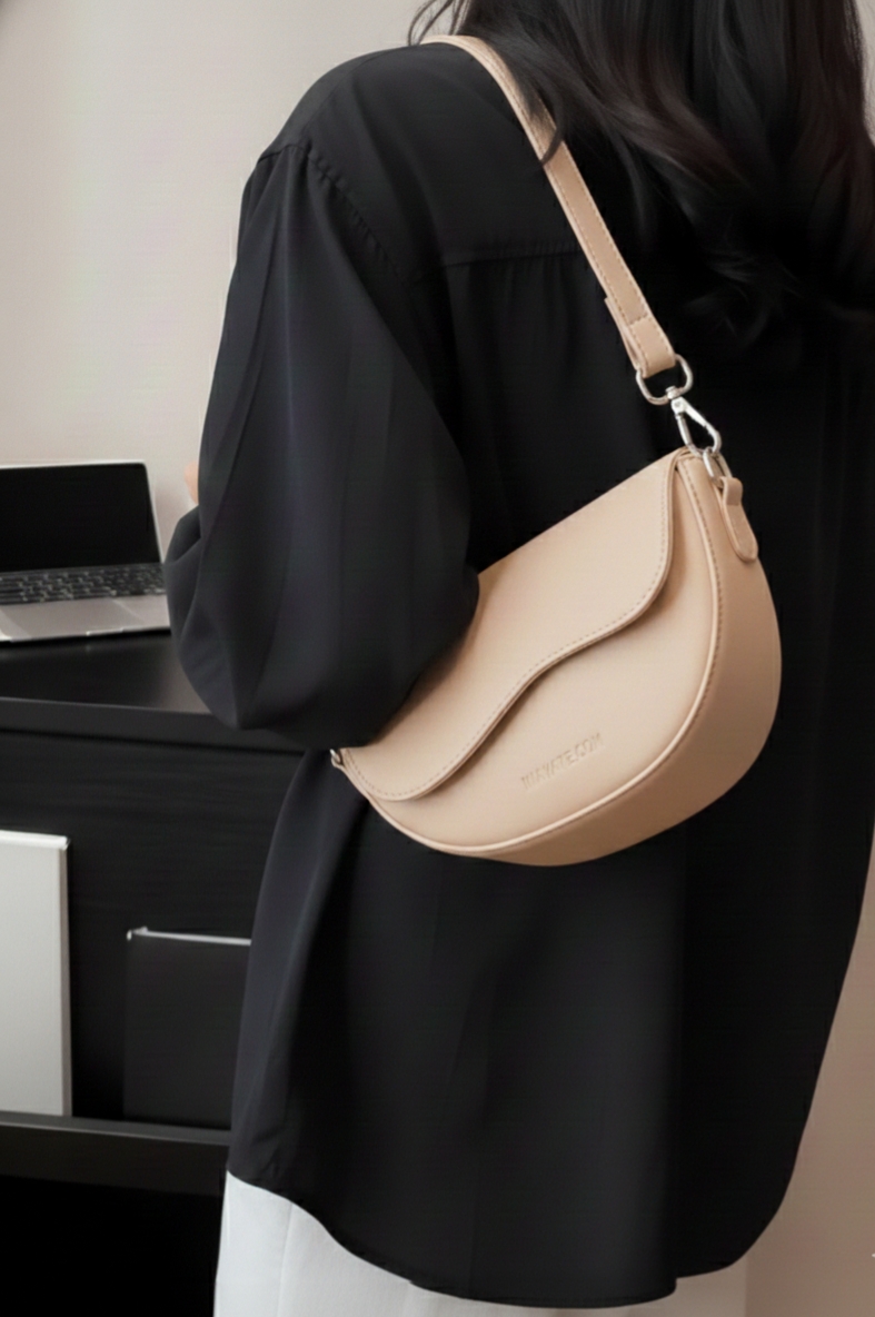Minimalist Faux Leather Crescent Shoulder Bag - Retro Flap  Handbag with Adjustable Strap