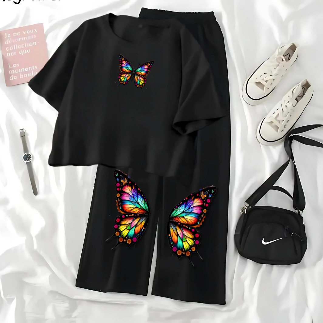 ALISAVER-Butterfly Print Crop Top Tee and Black Trousers for Women & Girls