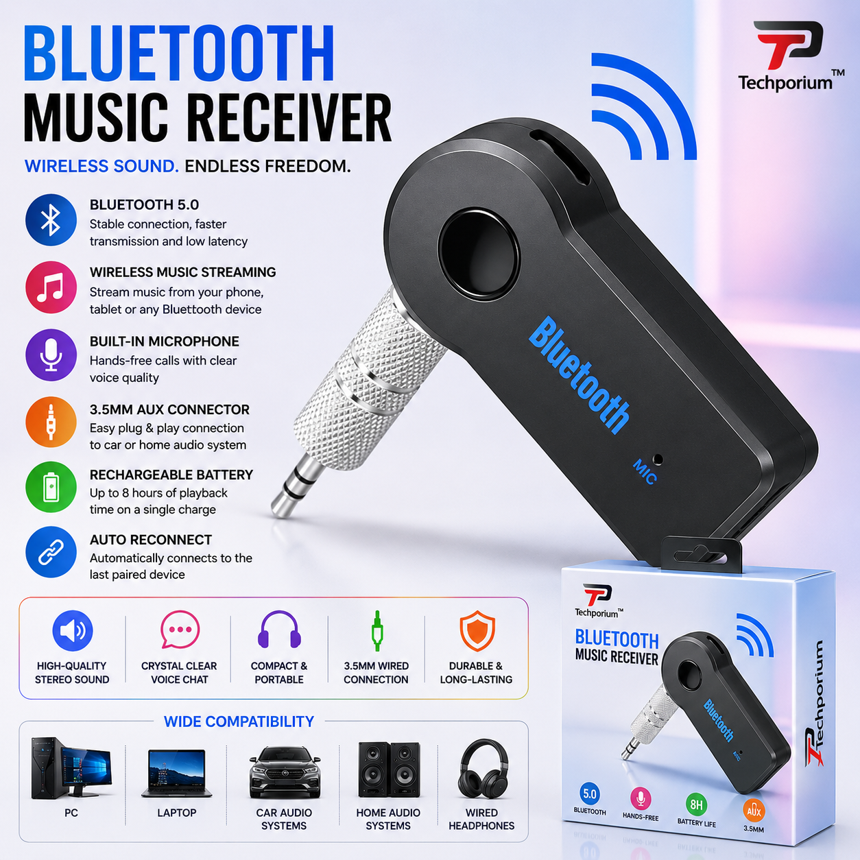 Car Bluetooth Music Receiver AUX Adapter for Car Stereo Wireless Audio Streaming Hands Free Music from Mobile Phone to Car Sound System Easy Plug and Play Bluetooth Receiver Device