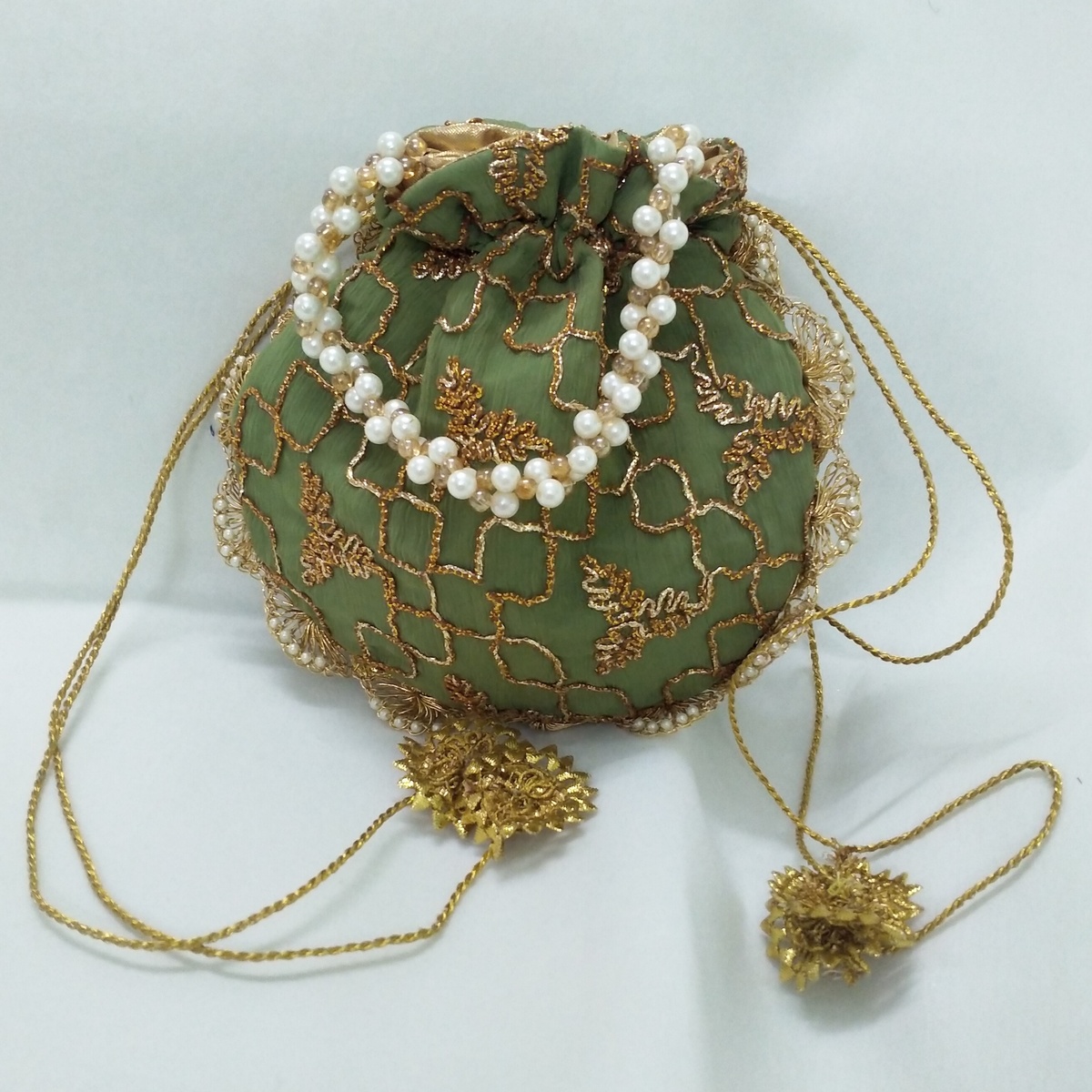 Embroidered Potli Clutch Bag with Pearl Handle for Party Wear