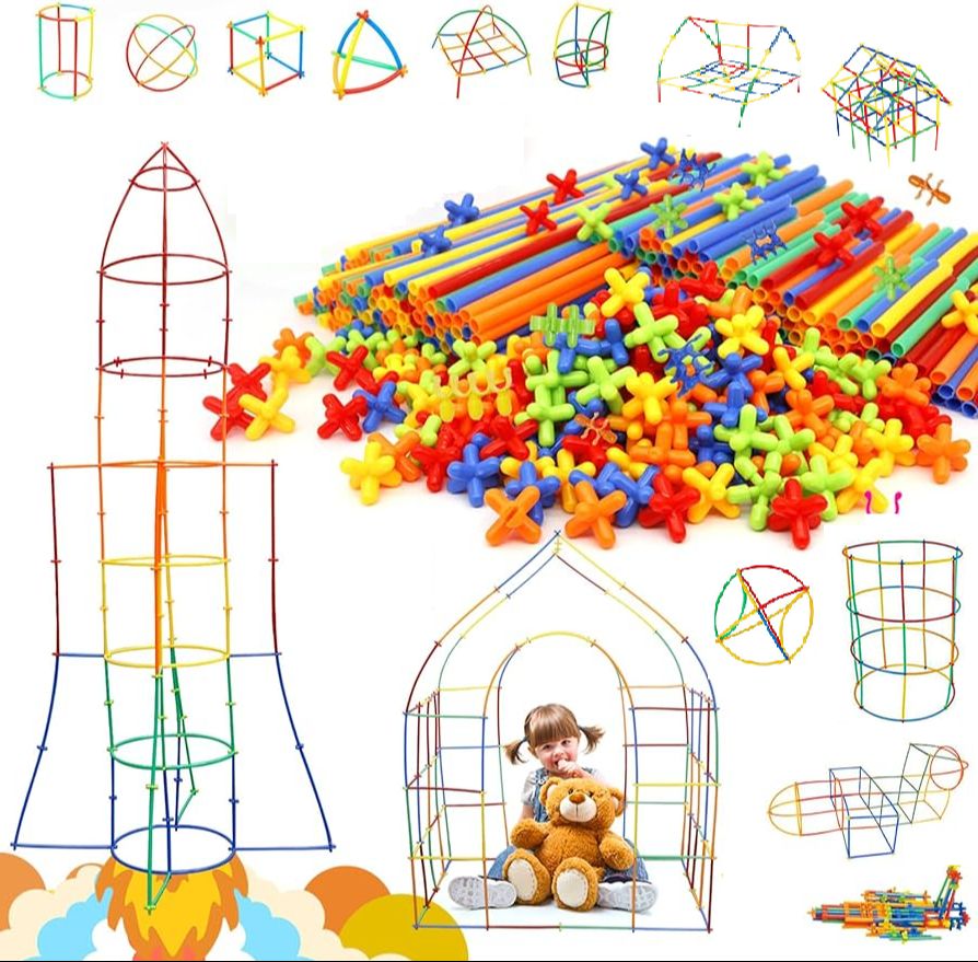 Straw blocks 110 pcs-RAINBOW Building Straws and Connectors - STEM Blocks Construction Toys for Boys & Girls - 110 Pcs Straw Building Set - Engineering Connector Blocks for Kids