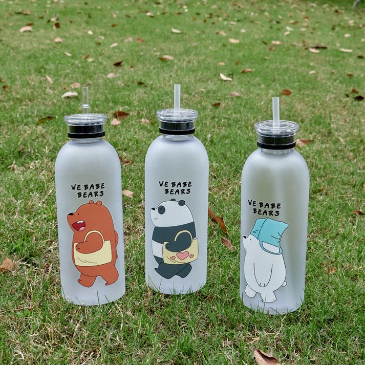Water Bottles Cute Panda Bear Cup 1000ml With Straw Transparent Cartoon Water Bottle Drinkware Frosted Leak-proof Protein Shaker