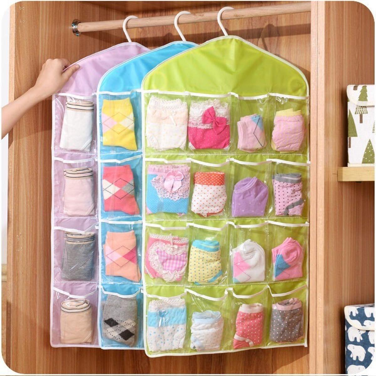 Universal Cupboard Hanging Storage Organizer Transparent Wall Hanging Bag for Socks, Jewelry, Ties, Underwear, Sunglasses, Bra, Stationary, Stitching Tools - Closet Storage Tidy Organizer 16 Pockets (Multicolor)