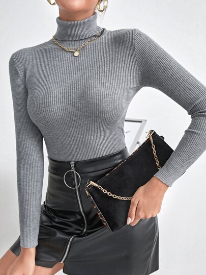Womens Turtleneck Ribbed Knit Sweater