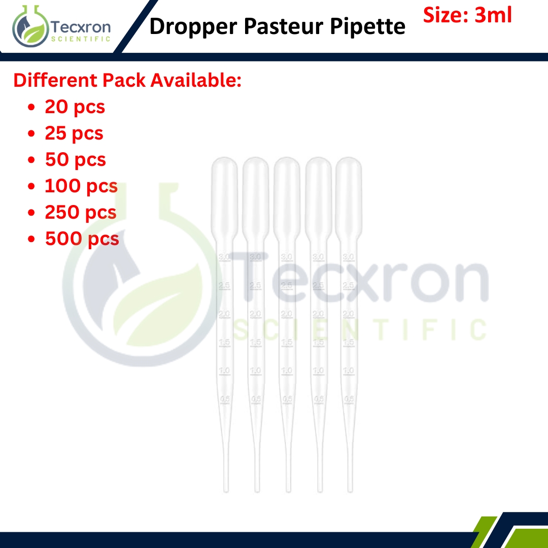 Pasteur Pipette Dropper 3ml – Packs: 20 / 25 / 50 / 100 / 250 / 500 (RNase & DNase Free, Non-Pyrogenic)