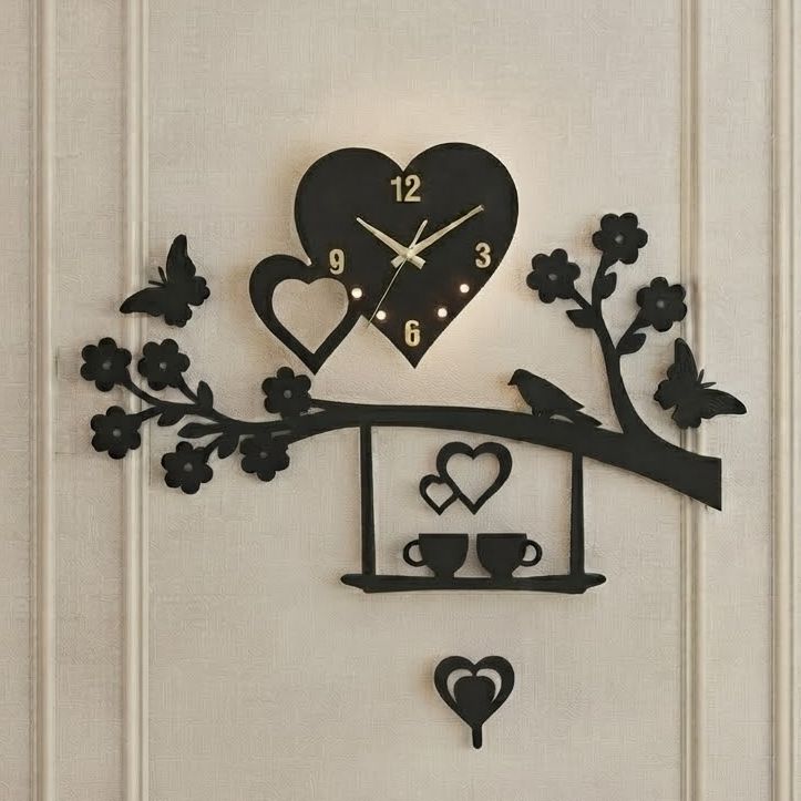 Reboch Decor Brand Birds Heart 3D Wooden Wall Clock I Wooden Wall Clock I Wall Clocks I Wall Clock For Bedroom I Wall Clock for Room I Wooden Wall Clock I Wooden Clock I Clocks I Clock