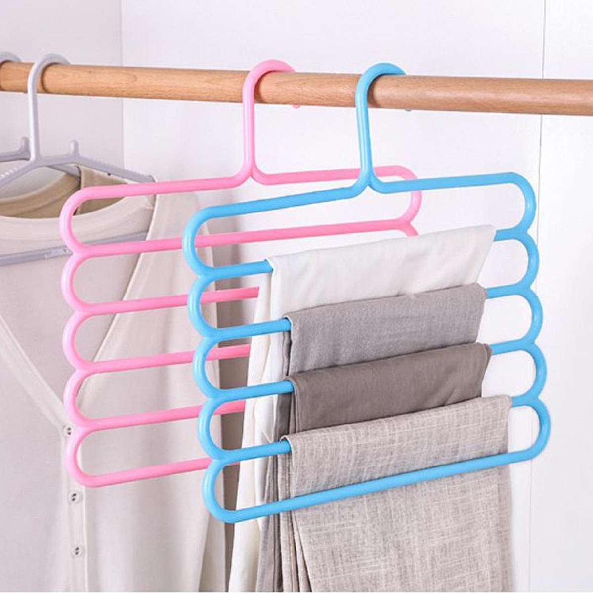 x5 Wooden Trouser Hangers Multi Hanger 4 Trousers Space Saving Clothes Wood   eBay
