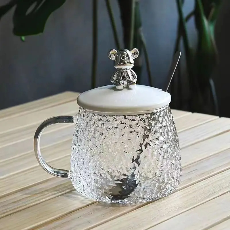 Bear Glass Cup 400Ml Hammer Pattern Coffee Cups Drinkware Tea Mugs With Handle Transparent Glass Cup With Lid