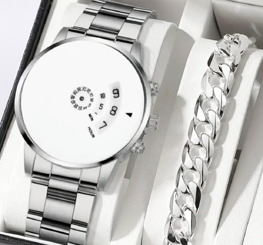 Premium Men’s Luxury steel straps round dial watches hand watch-silver watch- men watches-watch for boys-watch for men-watch for kids-watch for young's-watch for boys + Bracelet + With Chain+Ring -High Quality stylish-branded-watch Best  for Gift