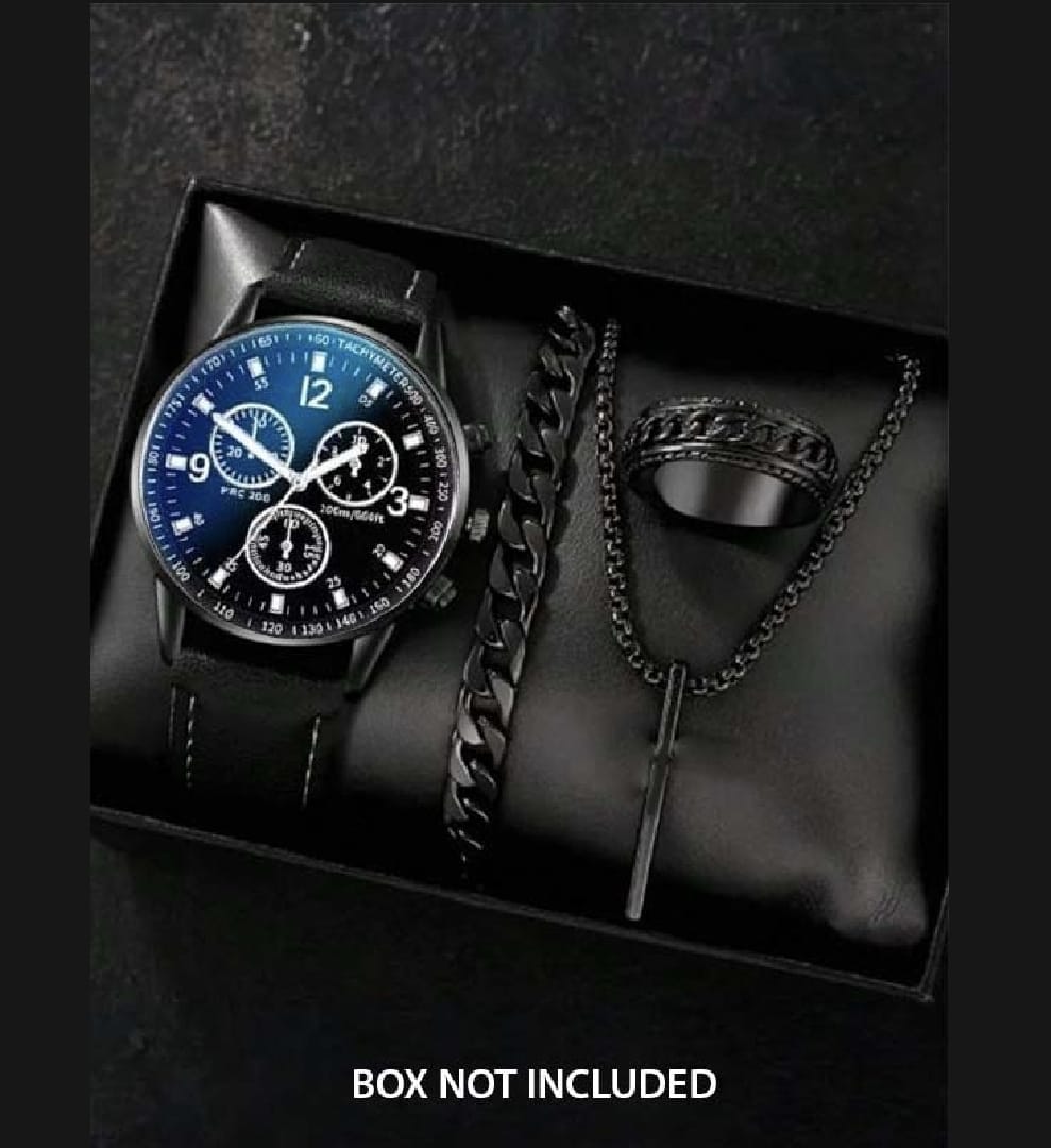 Latest Design Black 2025 Watch Black Casual Watches + Bracelet + Cuban Chain Bracelet +3D Bar Locket  With Chain+Ring -High Quality In Random Dial watch Design With Stainless Steel Strap + Bracelet Chain + Necklace + Ring For Boys Men