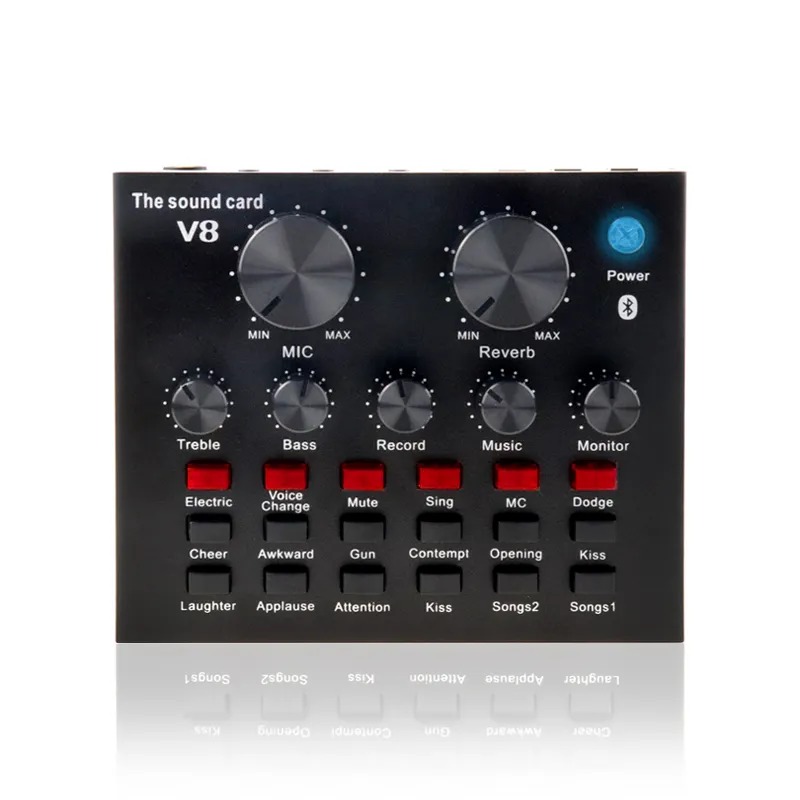 Mini V8 Sound Card Bluetooth Audio Mixer & Voice Changer - 12 Sound Effects Lithium Rechargeable Battery - For Live Streaming & Broadcasting & Podcast - Compatible With PC Computer - Black