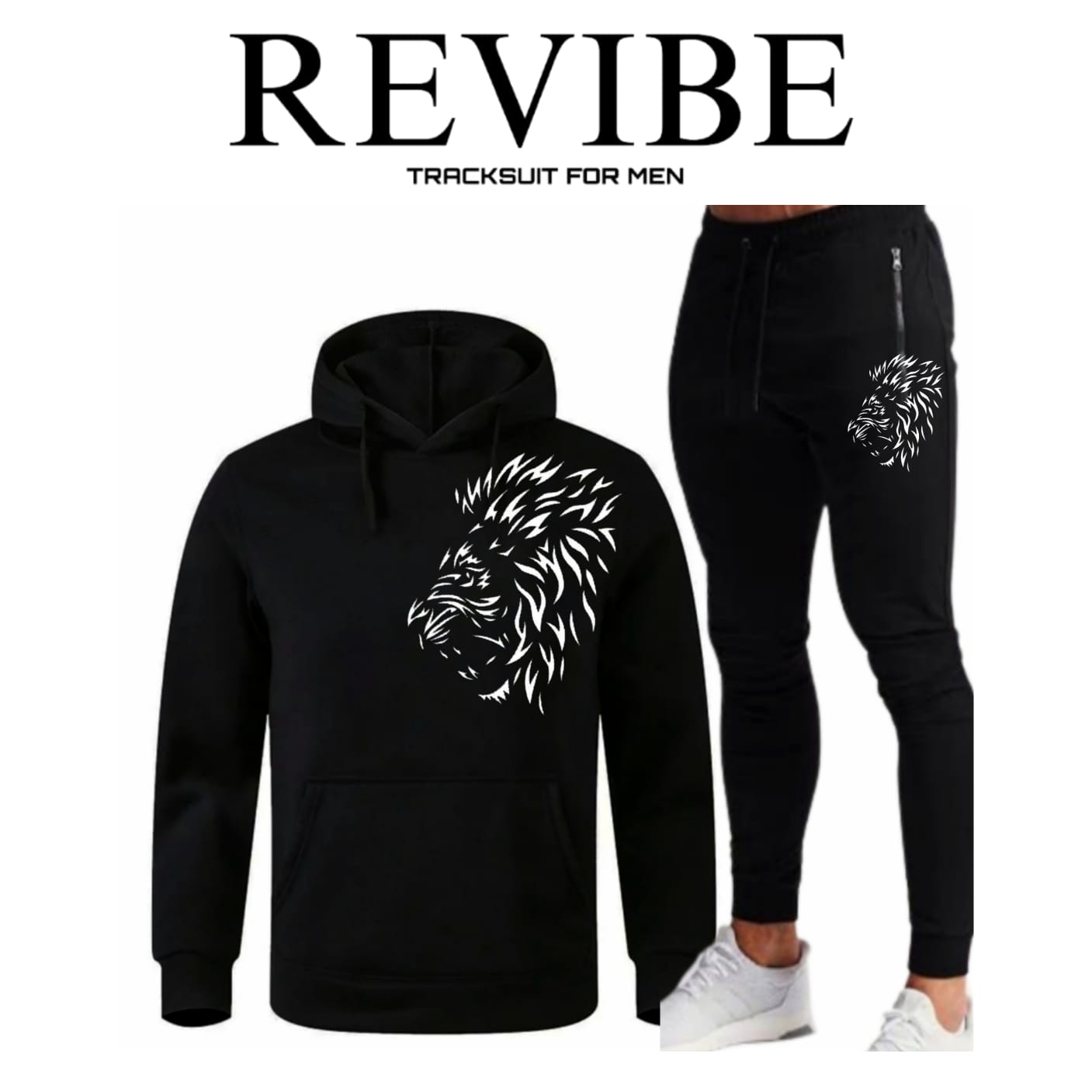 REVIBE - Black Lion Printed Tracksuit For Men - Hoodies For Men