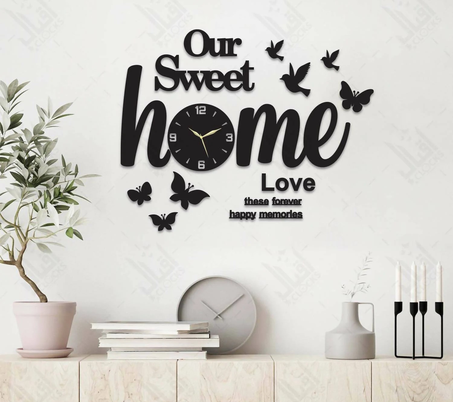 Sweet Home Butterflies and Birds Wall Clock, 3D Wooden Watch, Wall Clock, Wooden Wall Clocks, Wall Clocks for Bedroom, Clock. Sweet Home Wall Clock for your Sweet Home, Clock with light, Wall art