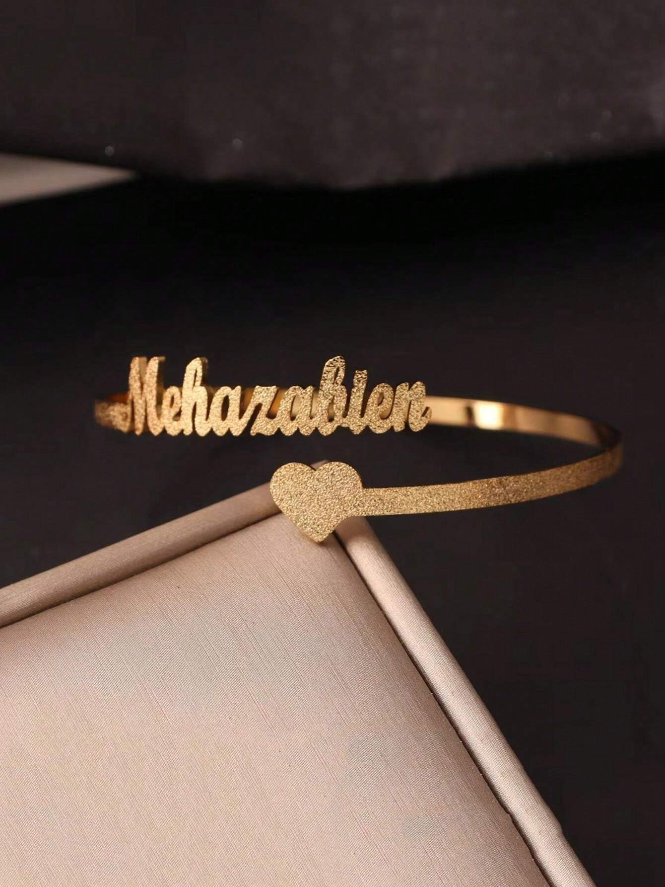 Personalized Custom Frosted Name Bangle Bracelet With Heart Open Adjustable Heart Bangle Jewelry Gift For Couple