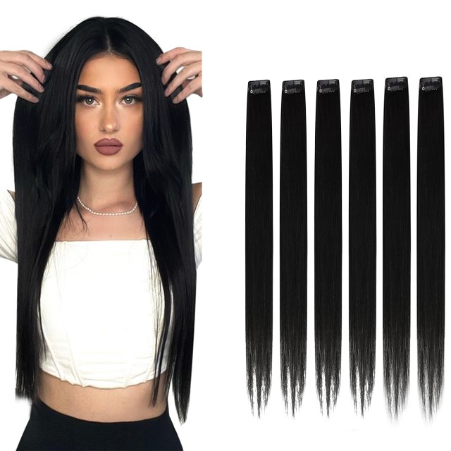 Pack of 6-PCS Long Straight Hair Clip Extensions for girls and women's -black