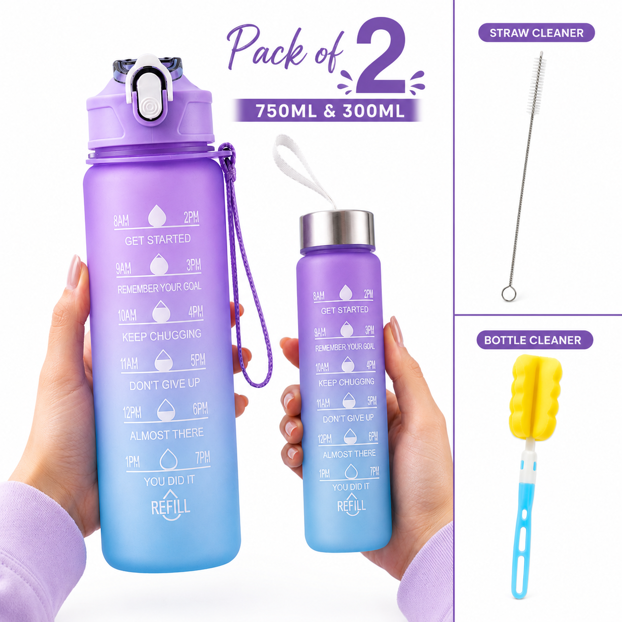 Pack of 2 Water Bottles 300ML and 750ml Motivational Water Bottle, Gradient Color Drinking Water Bottle For Girls And Female Gym With Handle, Portable Water Bottle For School, Fitness, Outdoor Sports, BPA Free Grade Plastic Leak Proof