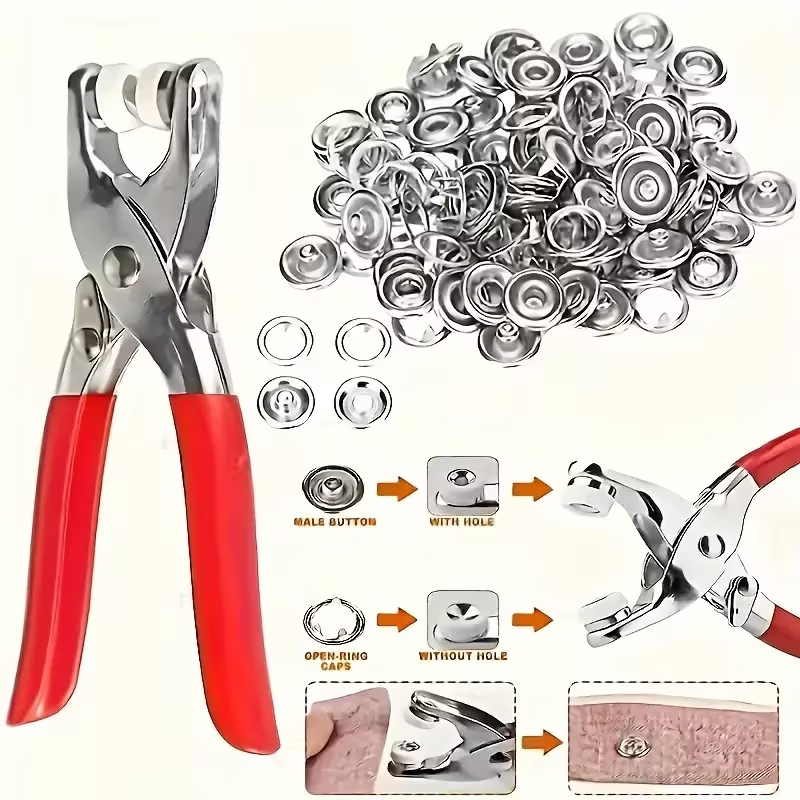 High-Quality Tich Button Machine with 50 Sets of 9.5mm Metal Snap Buttons - DIY Press Plier Kit for Baby Clothes, Abayas, Shoes & Bibs - Sewing Fastener Tool with Metal Buttons - Easy-to-Use Snap Button Presser Machine|Tich button tool kit|